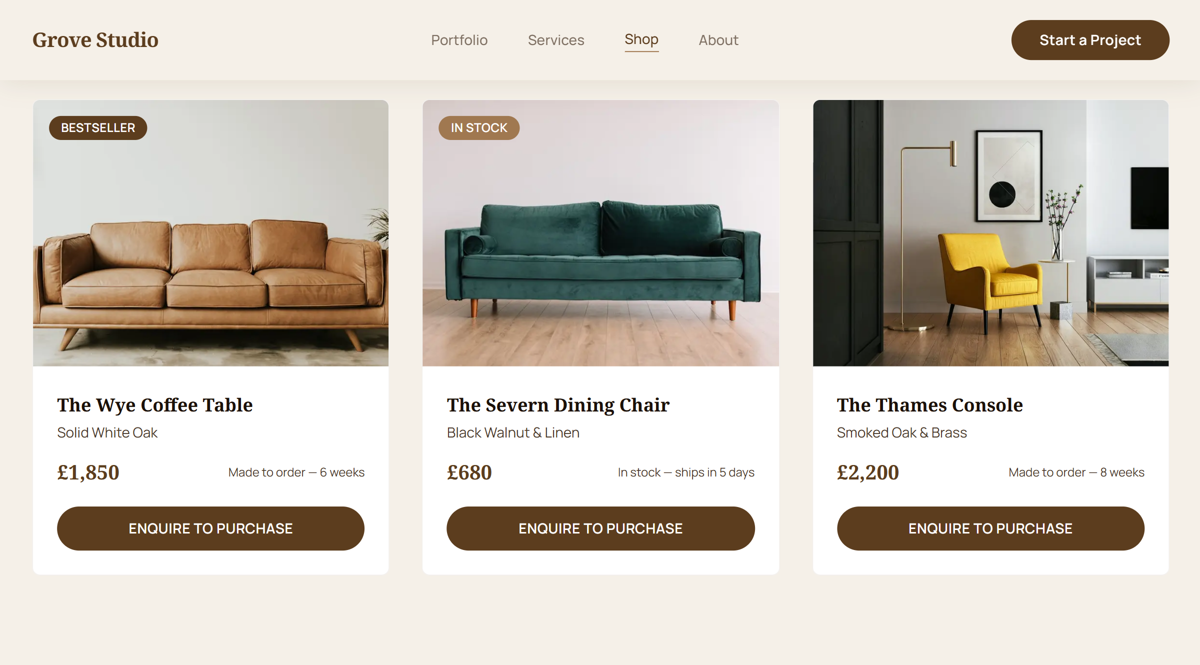 Grove Studio Carpentry Website | Bespoke Woodwork Studio Web Design | bookone.dev — screenshot 2