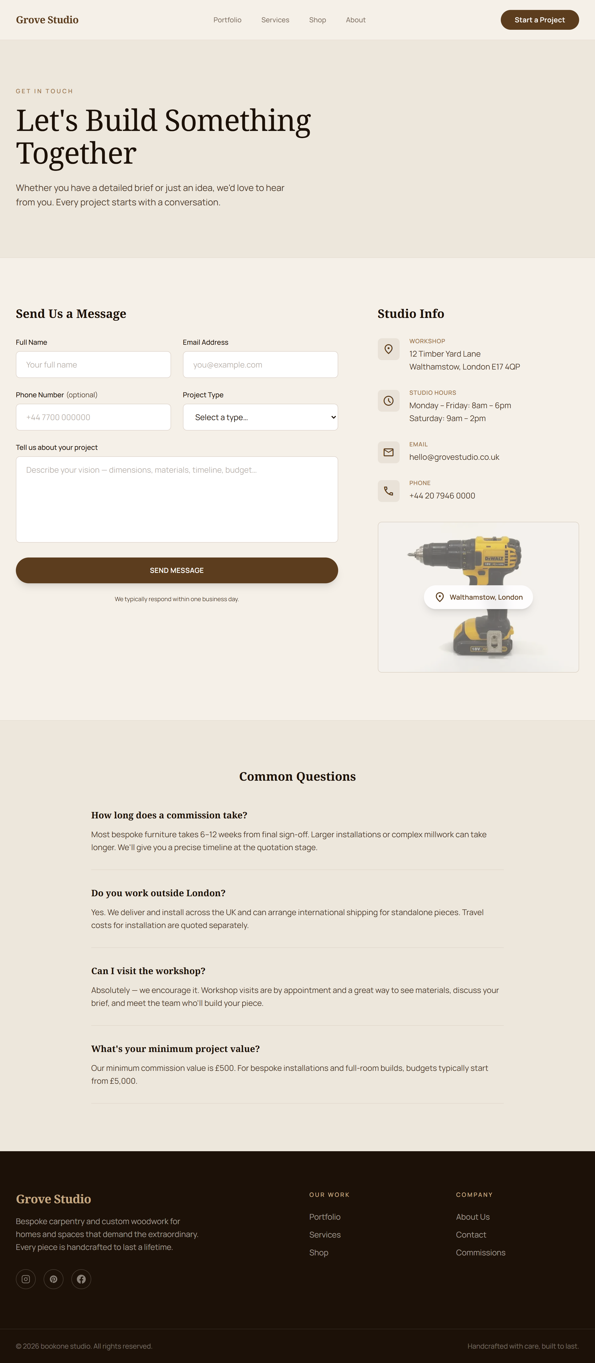 Grove Studio Carpentry Website | Bespoke Woodwork Studio Web Design | bookone.dev — screenshot 3